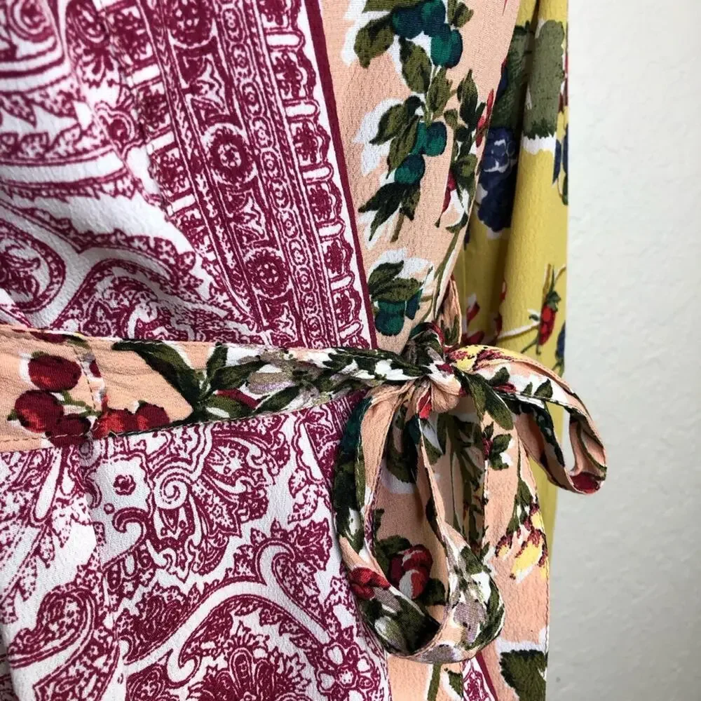 Anthropologie Meadow Rue yellow pink mixed floral wrap front top size 6 - Picture 7 of 16